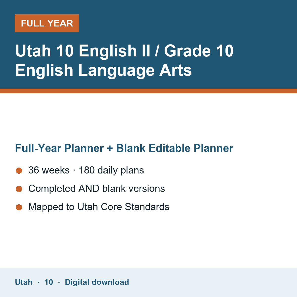 Cover of the Utah Grade 10 English II / Grade 10 English Language Arts full-year teacher planner