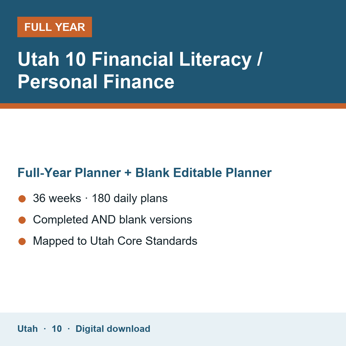 Cover of the Utah Grade 10 Financial Literacy / Personal Finance full-year teacher planner