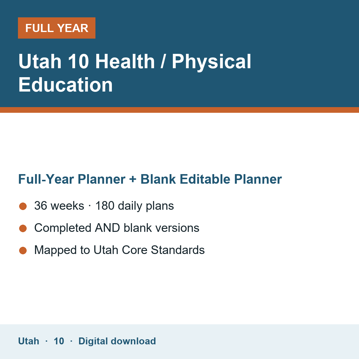 Cover of the Utah Grade 10 Health / Physical Education full-year teacher planner