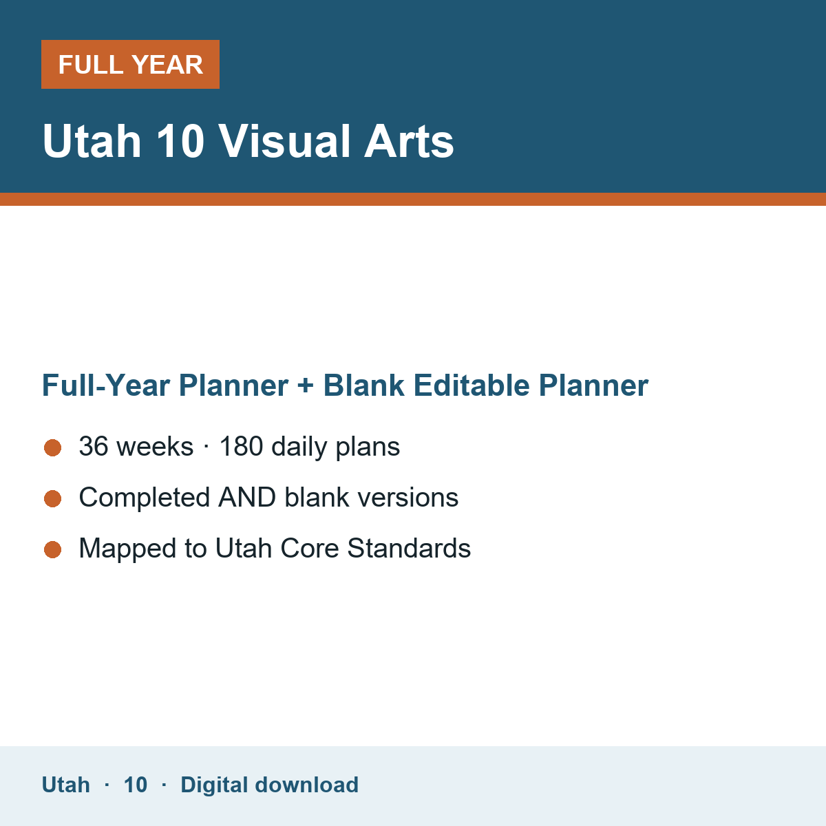 Cover of the Utah Grade 10 Visual Arts full-year teacher planner