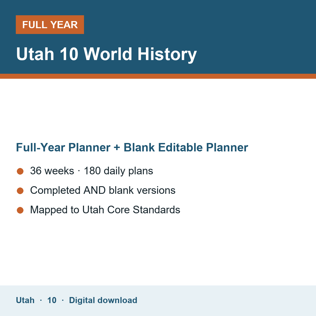 Cover of the Utah Grade 10 World History full-year teacher planner