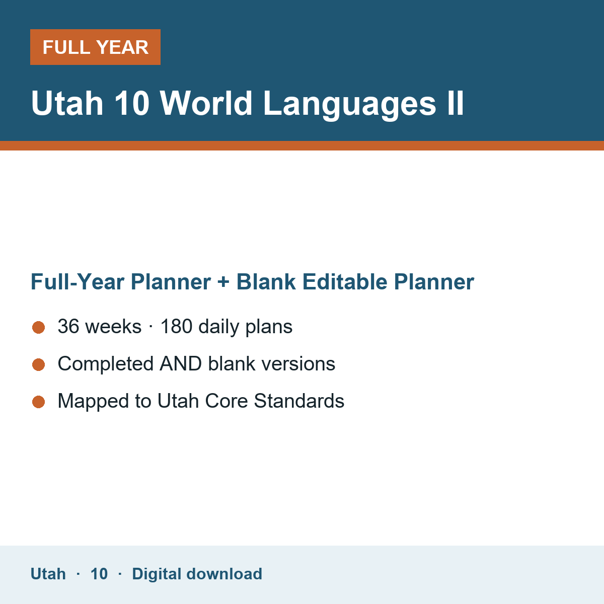 Cover of the Utah Grade 10 World Languages II full-year teacher planner