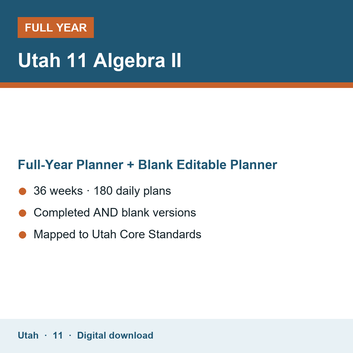 Cover of the Utah Grade 11 Algebra II full-year teacher planner