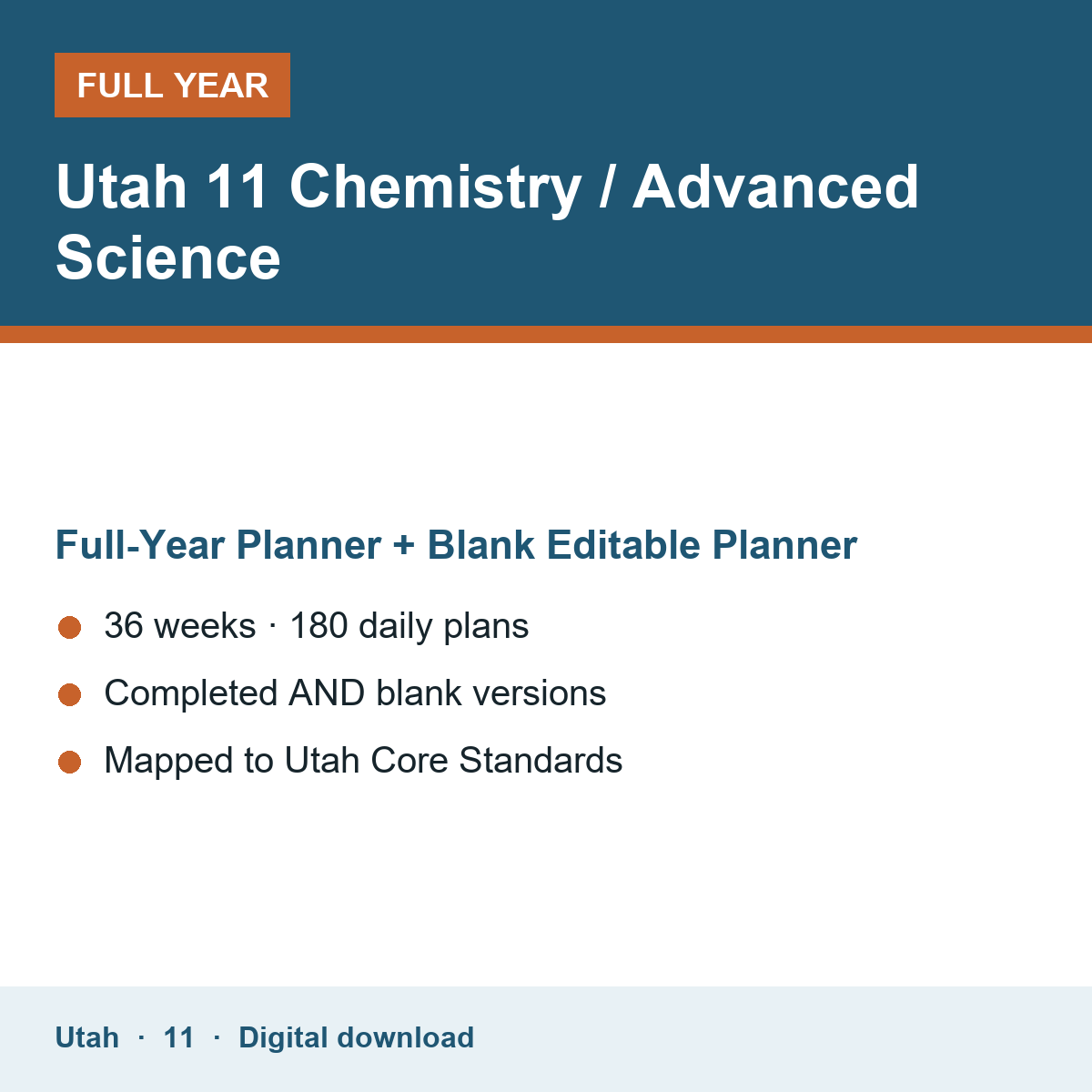 Cover of the Utah Grade 11 Chemistry / Advanced Science full-year teacher planner