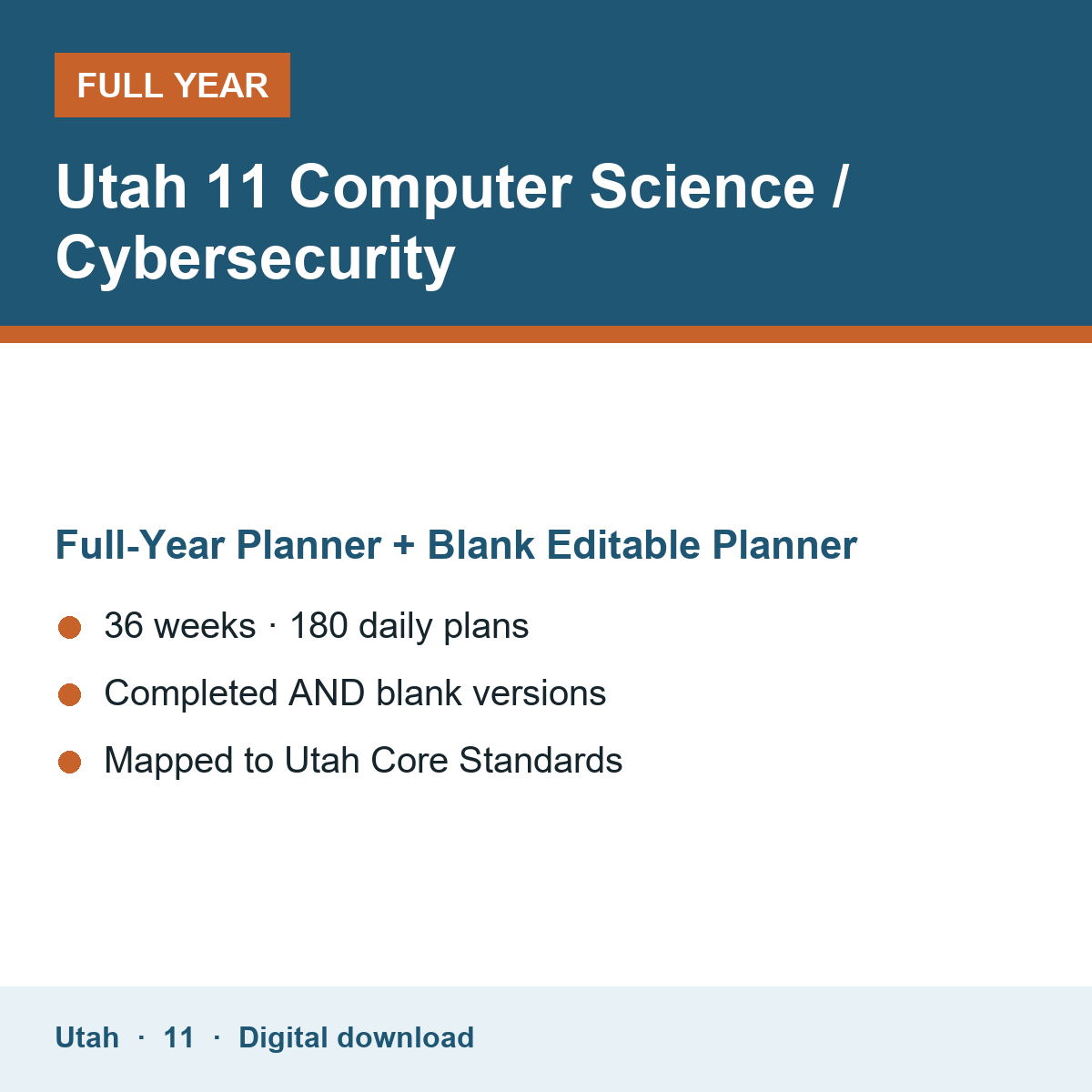 Cover of the Utah Grade 11 Computer Science / Cybersecurity full-year teacher planner