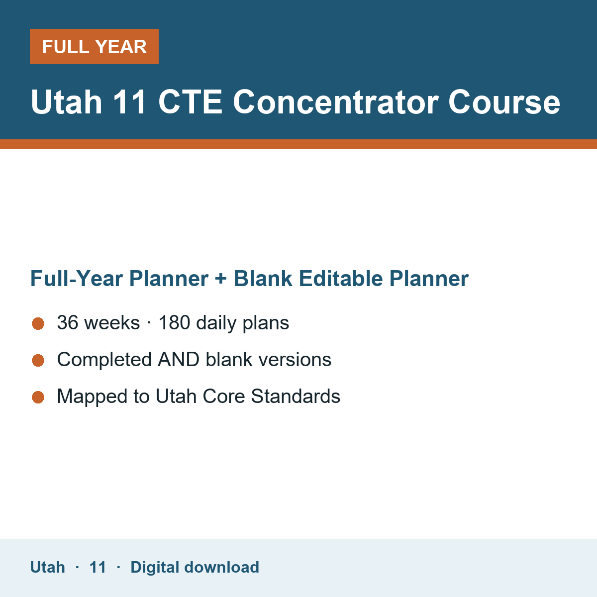 Cover of the Utah Grade 11 CTE Concentrator Course full-year teacher planner