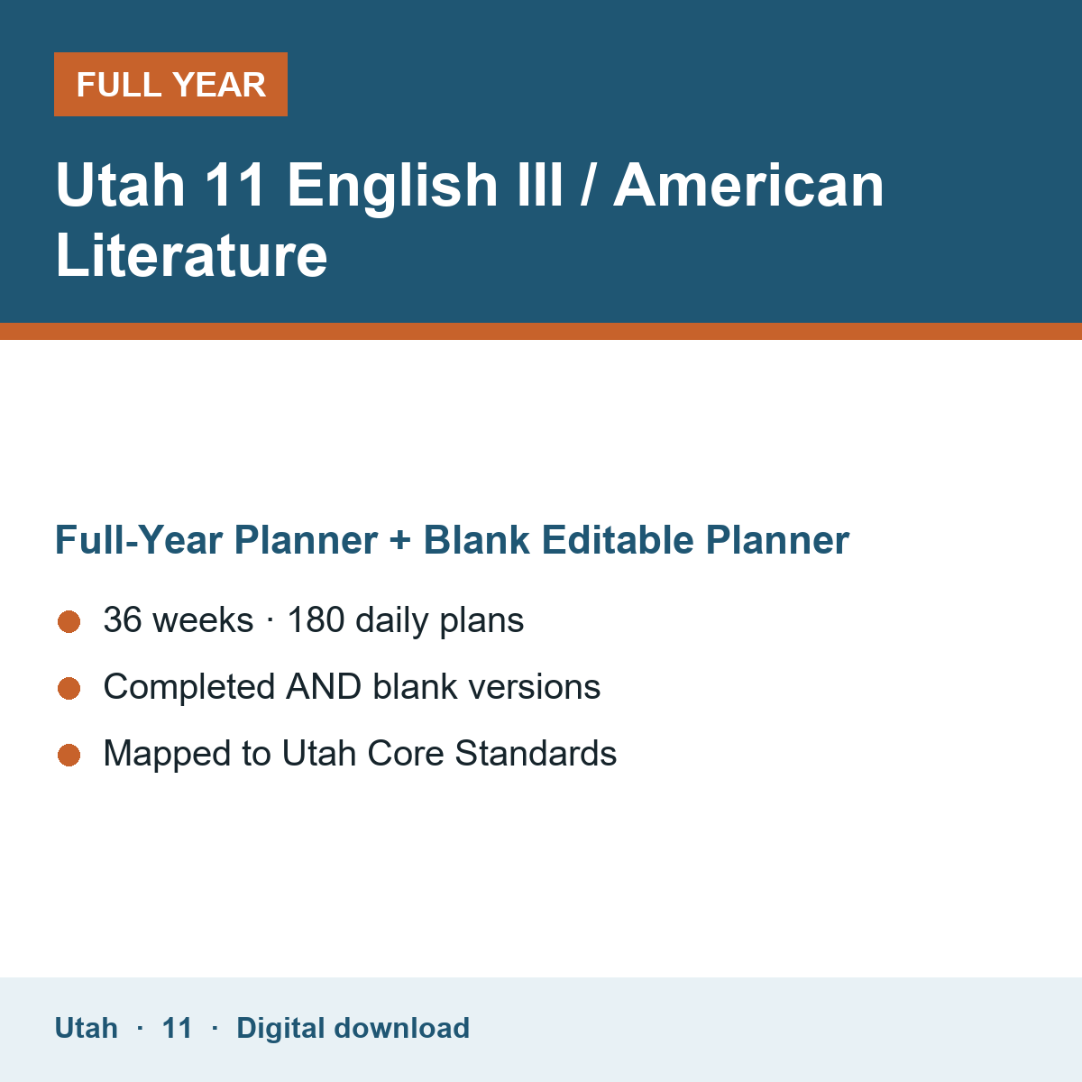 Cover of the Utah Grade 11 English III / American Literature full-year teacher planner