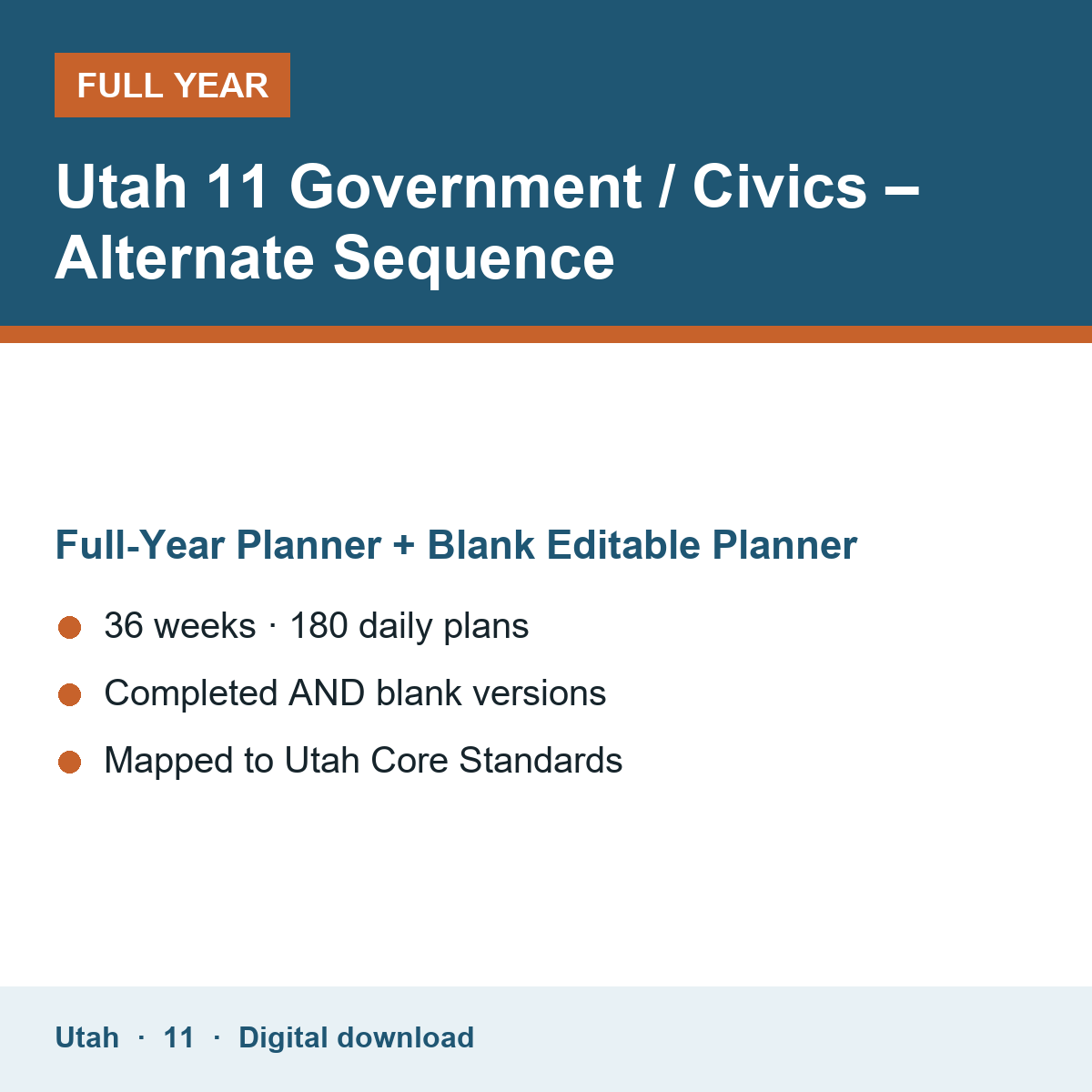 Cover of the Utah Grade 11 Government / Civics – Alternate Sequence full-year teacher planner