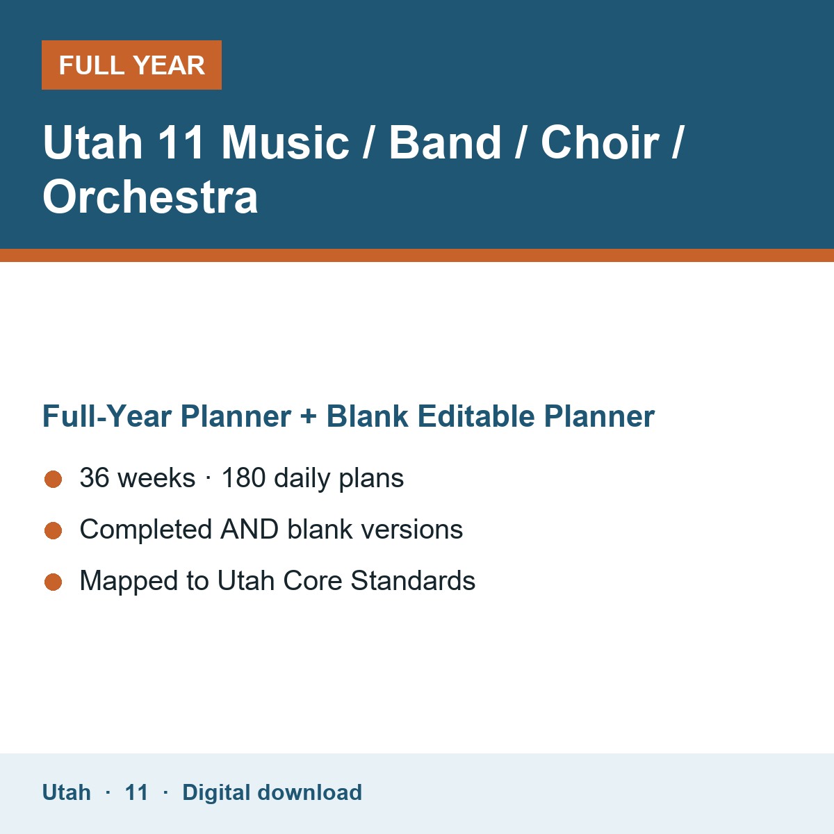 Cover of the Utah Grade 11 Music / Band / Choir / Orchestra full-year teacher planner