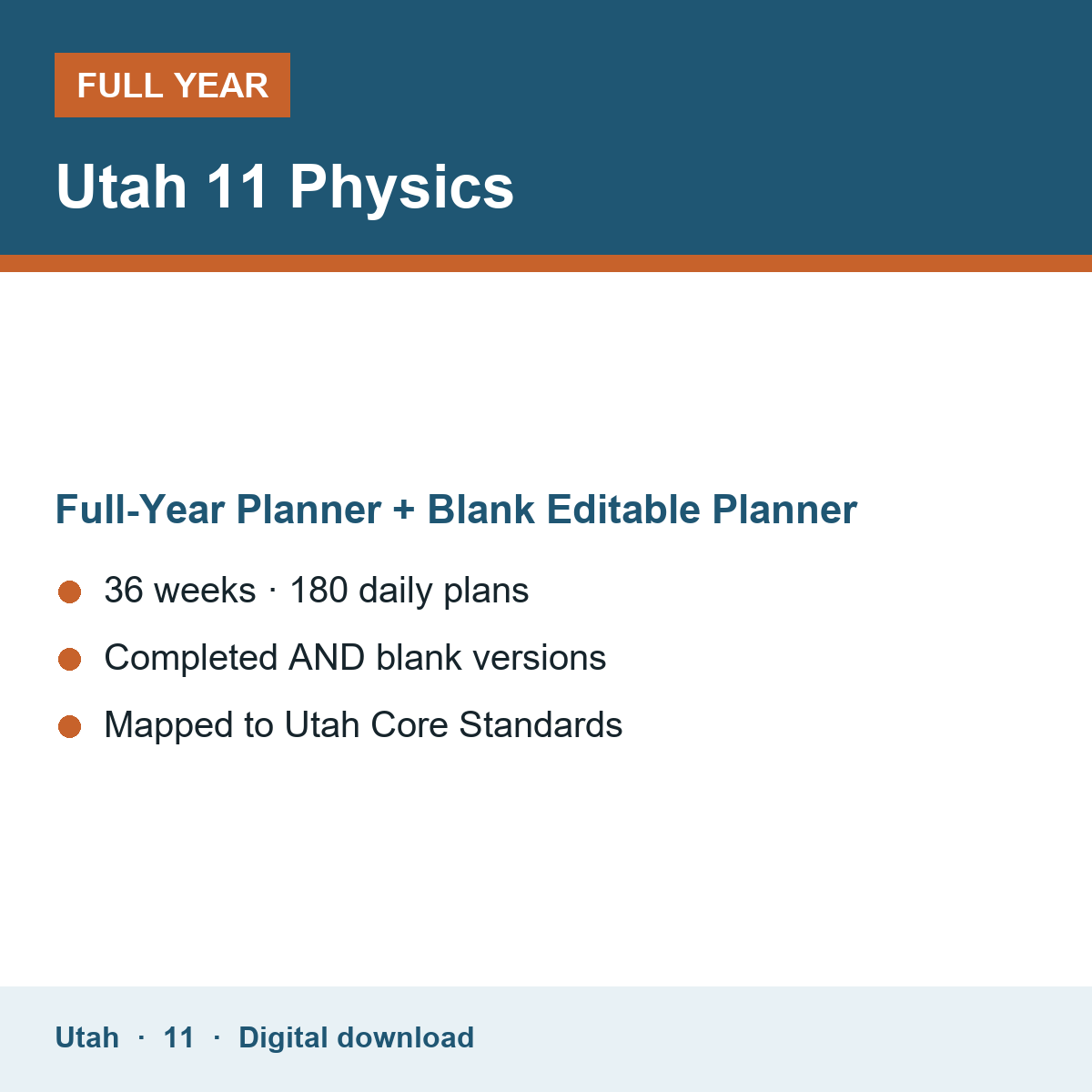 Cover of the Utah Grade 11 Physics full-year teacher planner