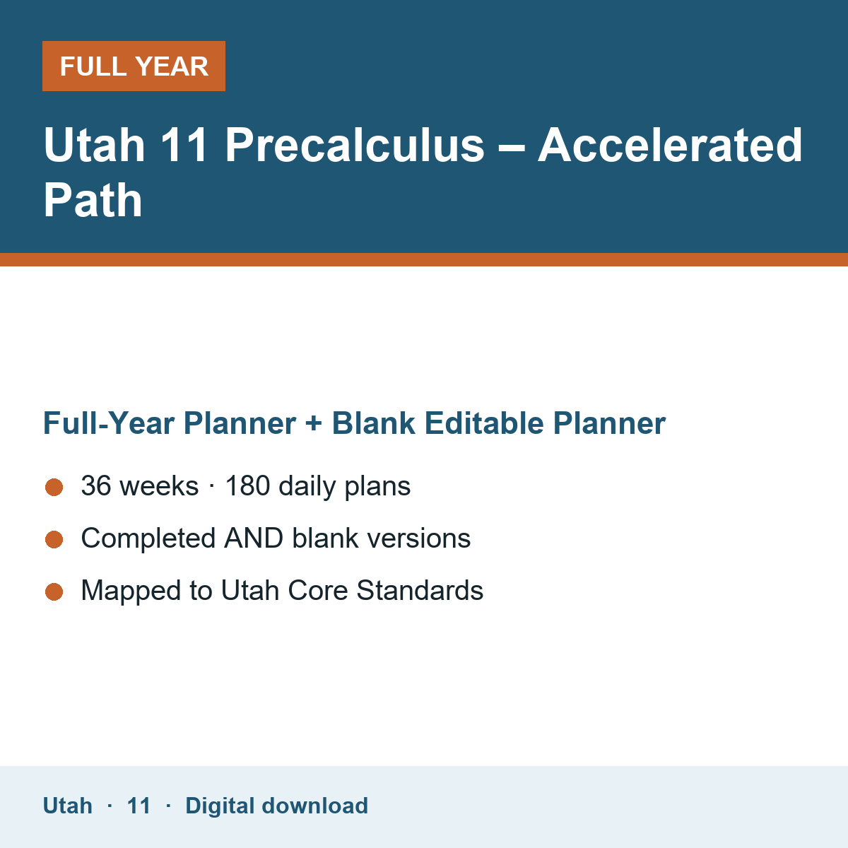 Cover of the Utah Grade 11 Precalculus – Accelerated Path full-year teacher planner