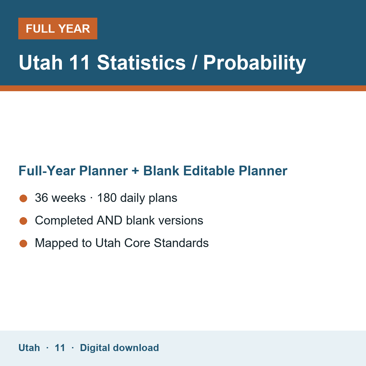 Cover of the Utah Grade 11 Statistics / Probability full-year teacher planner