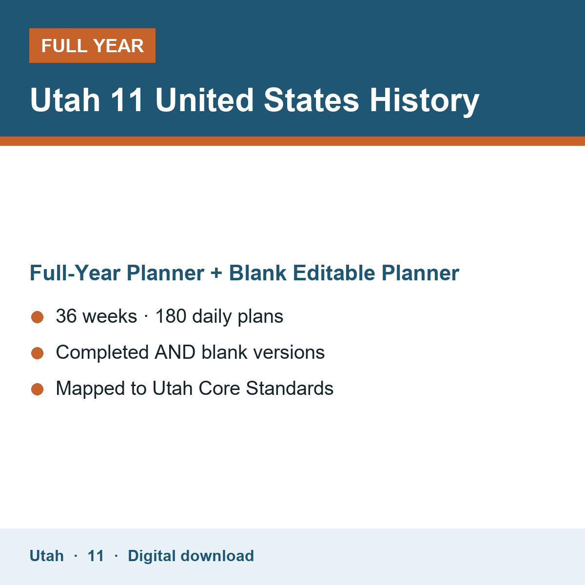 Cover of the Utah Grade 11 United States History full-year teacher planner