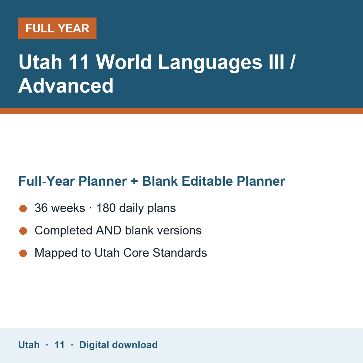 Cover of the Utah Grade 11 World Languages III / Advanced full-year teacher planner