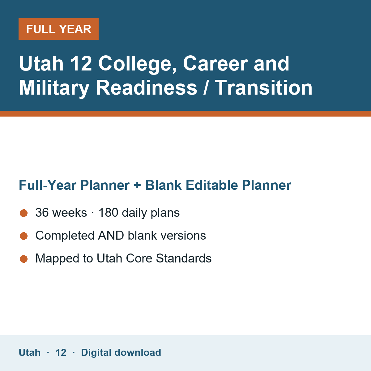 Cover of the Utah Grade 12 College, Career and Military Readiness / Transition full-year teacher planner