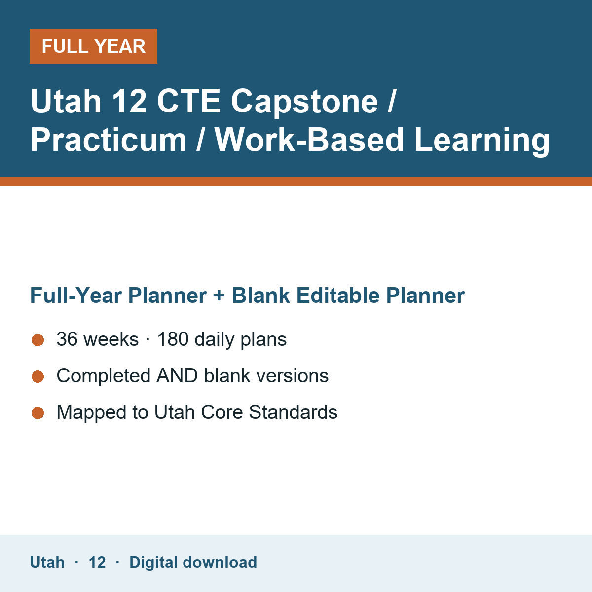 Cover of the Utah Grade 12 CTE Capstone / Practicum / Work-Based Learning full-year teacher planner