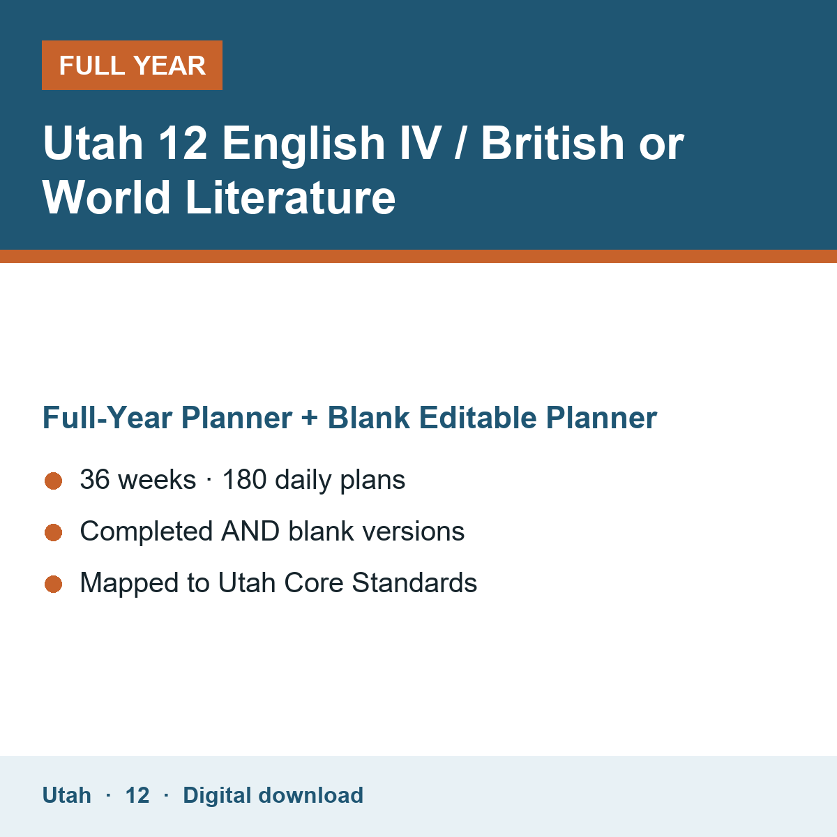 Cover of the Utah Grade 12 English IV / British or World Literature full-year teacher planner