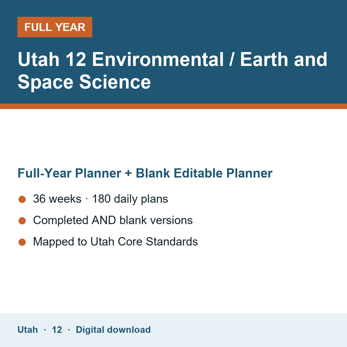 Cover of the Utah Grade 12 Environmental / Earth and Space Science full-year teacher planner