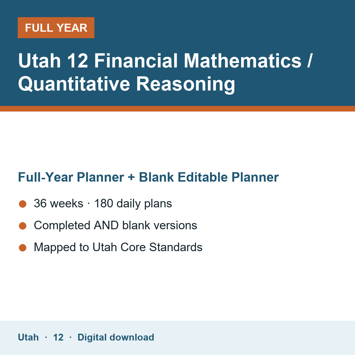 Cover of the Utah Grade 12 Financial Mathematics / Quantitative Reasoning full-year teacher planner