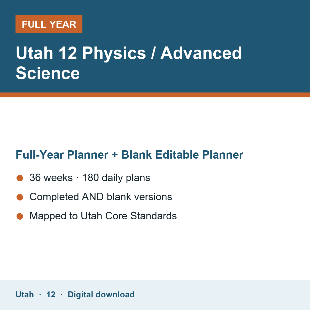 Cover of the Utah Grade 12 Physics / Advanced Science full-year teacher planner