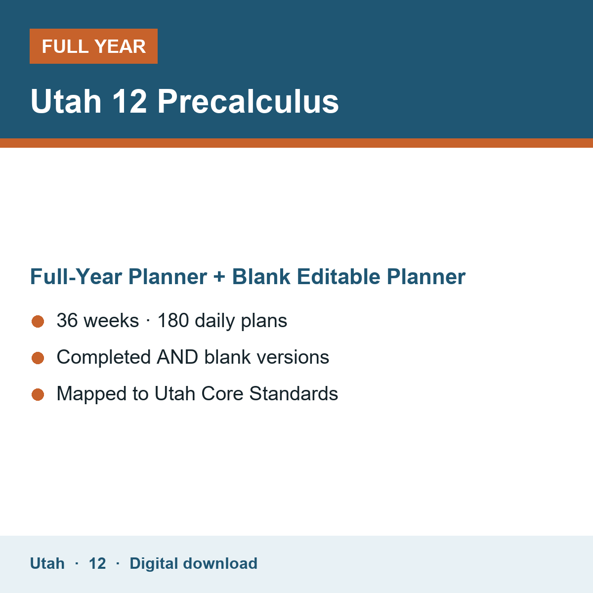 Cover of the Utah Grade 12 Precalculus full-year teacher planner