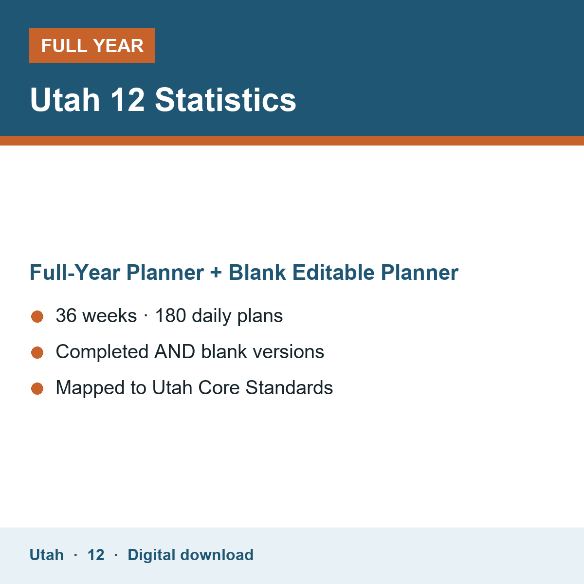 Cover of the Utah Grade 12 Statistics full-year teacher planner