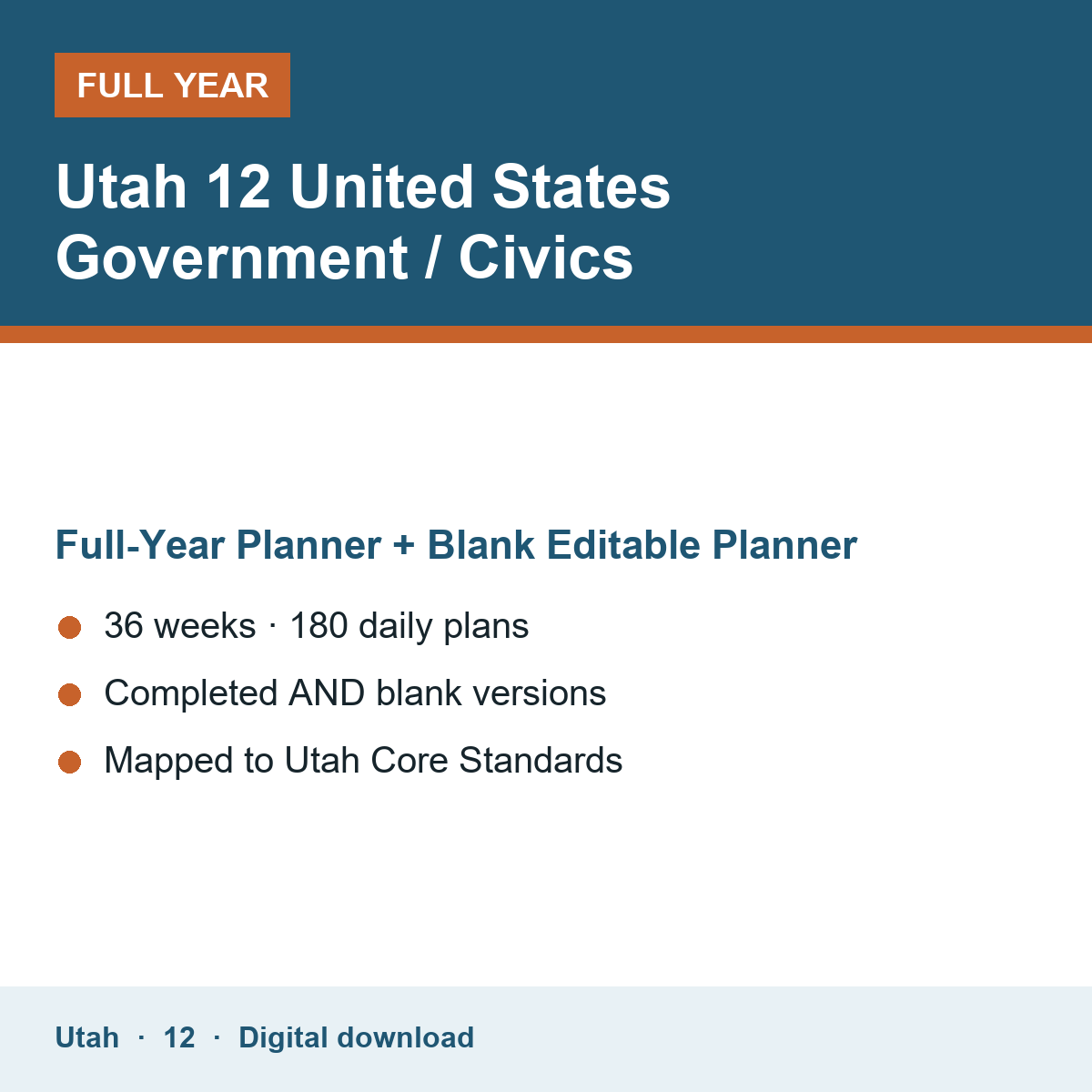 Cover of the Utah Grade 12 United States Government / Civics full-year teacher planner