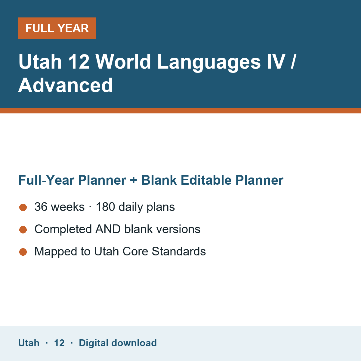 Cover of the Utah Grade 12 World Languages IV / Advanced full-year teacher planner