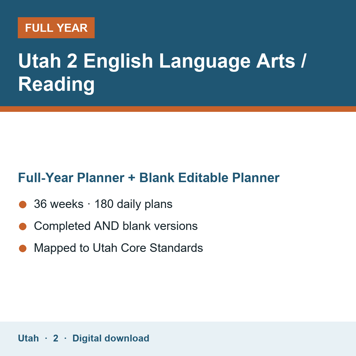 Cover of the Utah Grade 2 English Language Arts / Reading full-year teacher planner