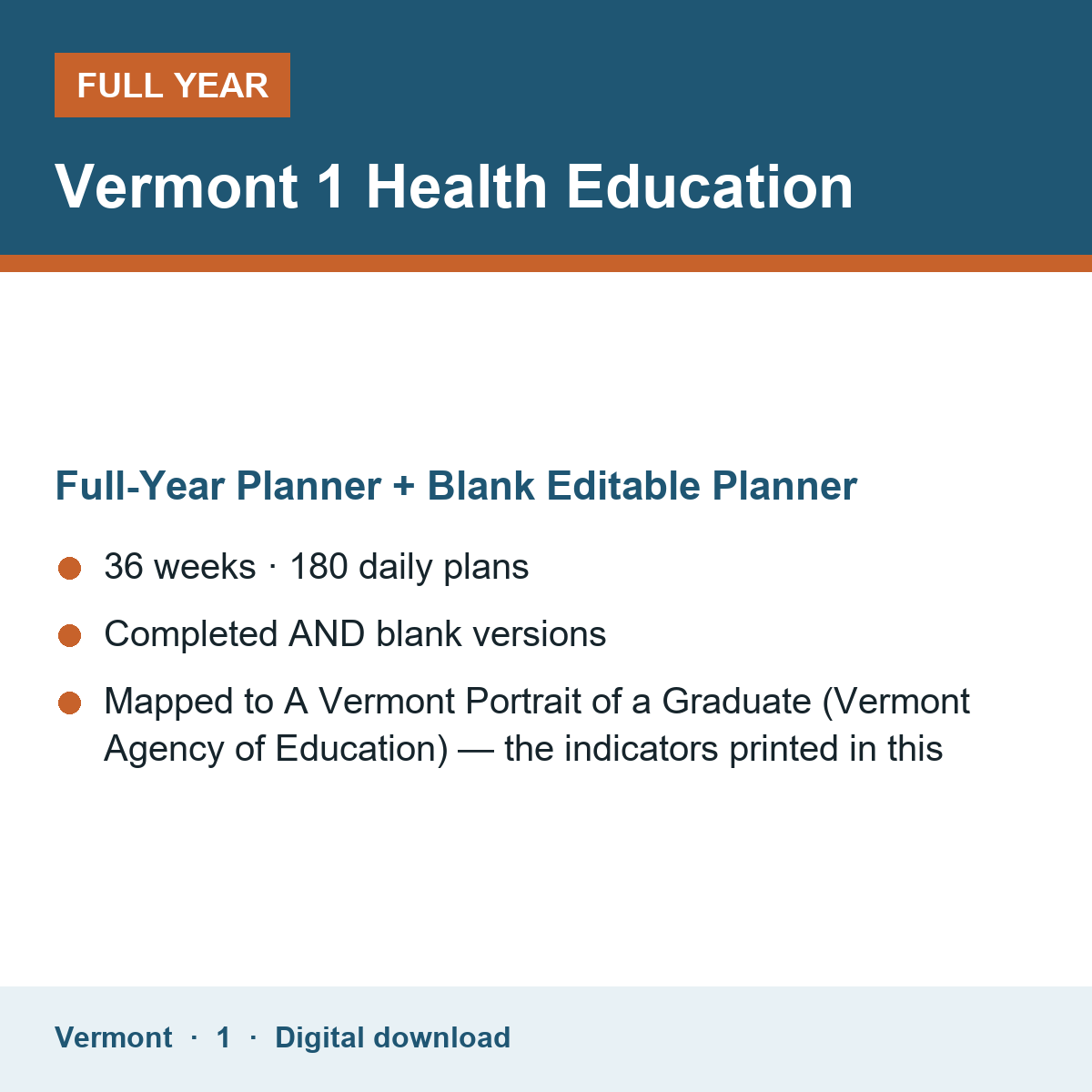 Cover of the Vermont Grade 1 Health Education full-year teacher planner
