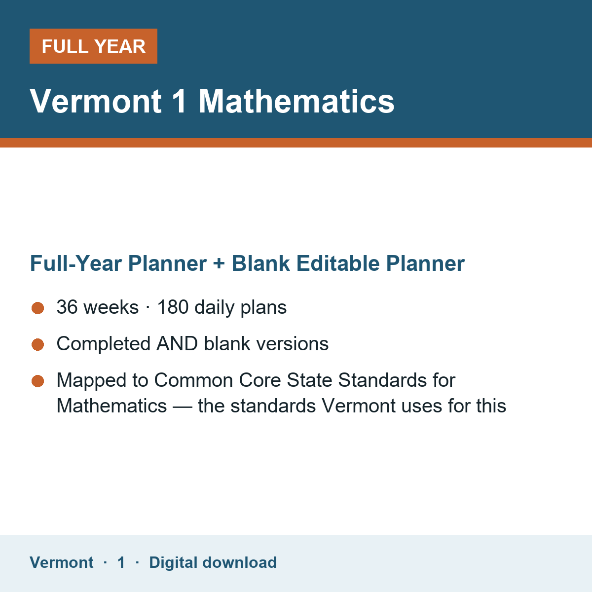Cover of the Vermont Grade 1 Mathematics full-year teacher planner