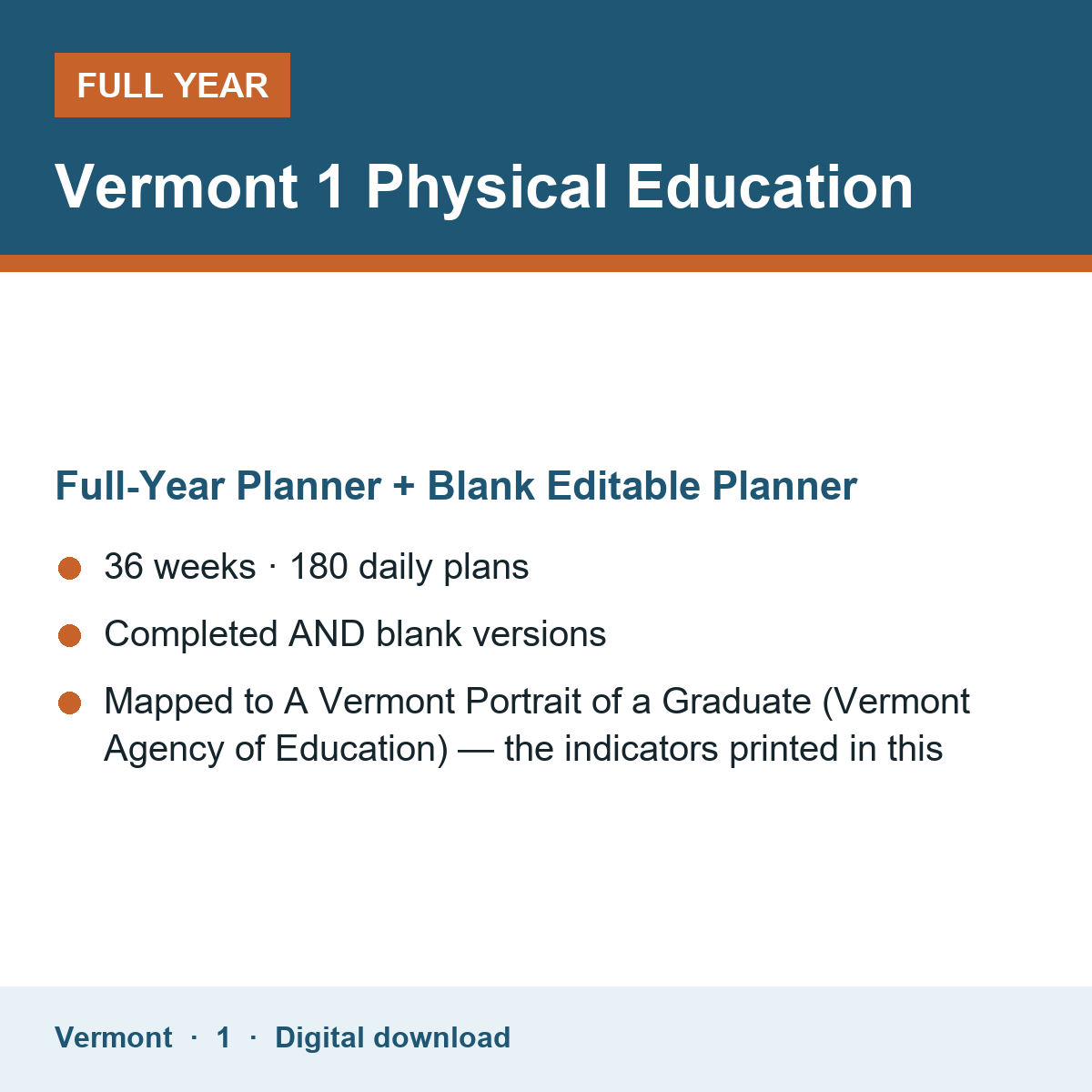 Cover of the Vermont Grade 1 Physical Education full-year teacher planner