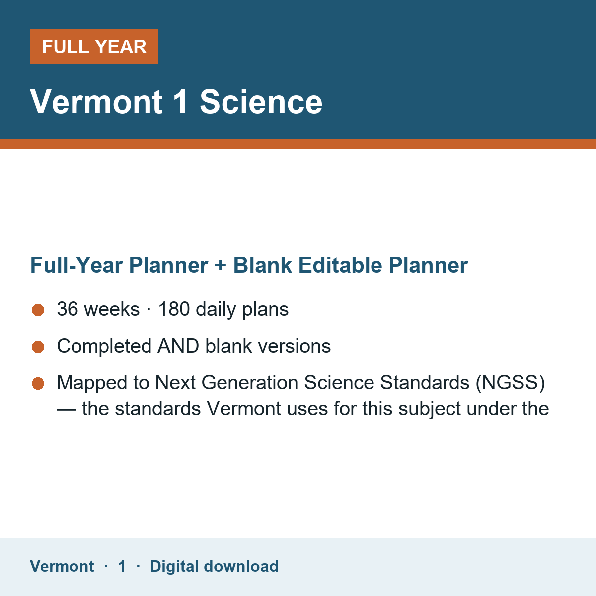 Cover of the Vermont Grade 1 Science full-year teacher planner