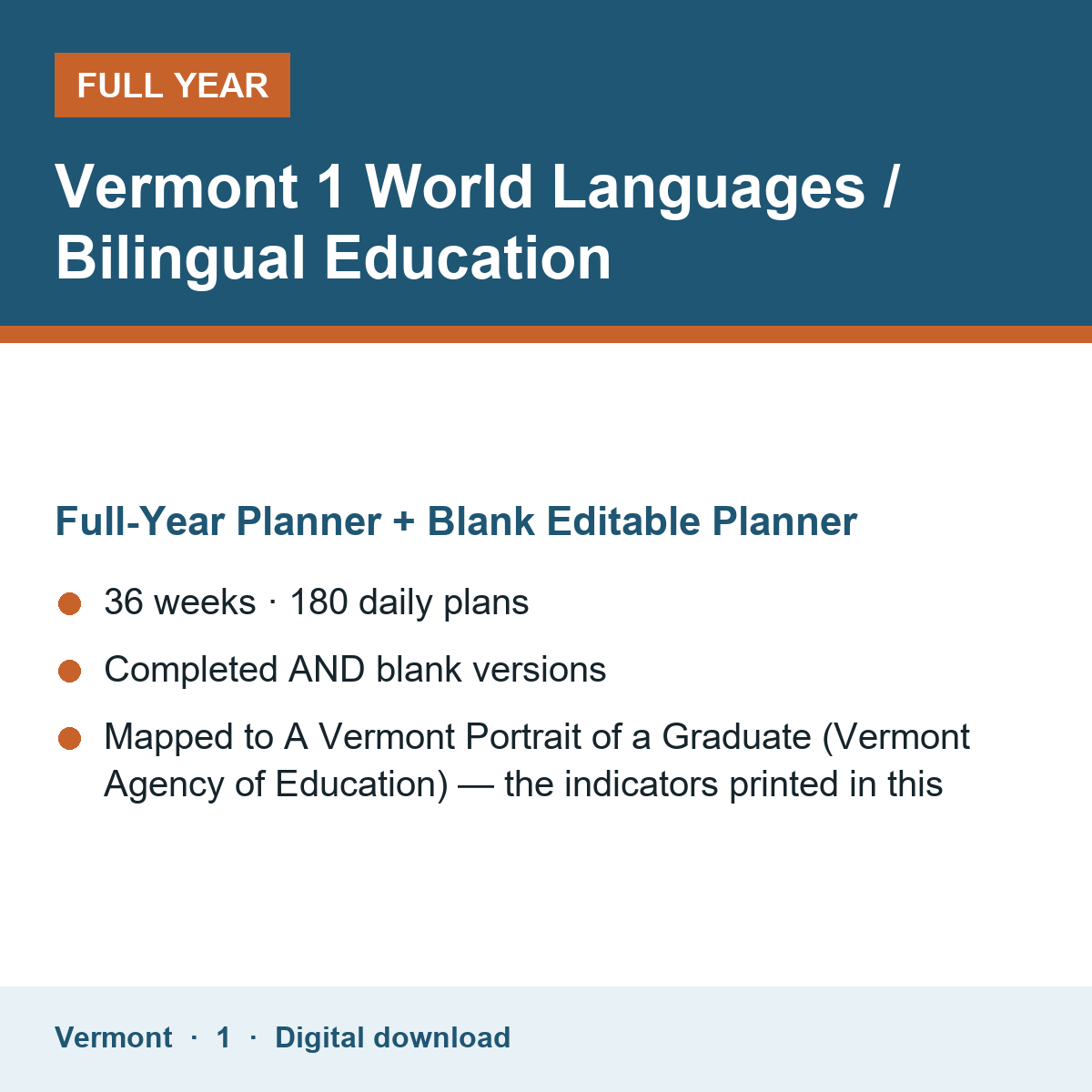 Cover of the Vermont Grade 1 World Languages / Bilingual Education full-year teacher planner
