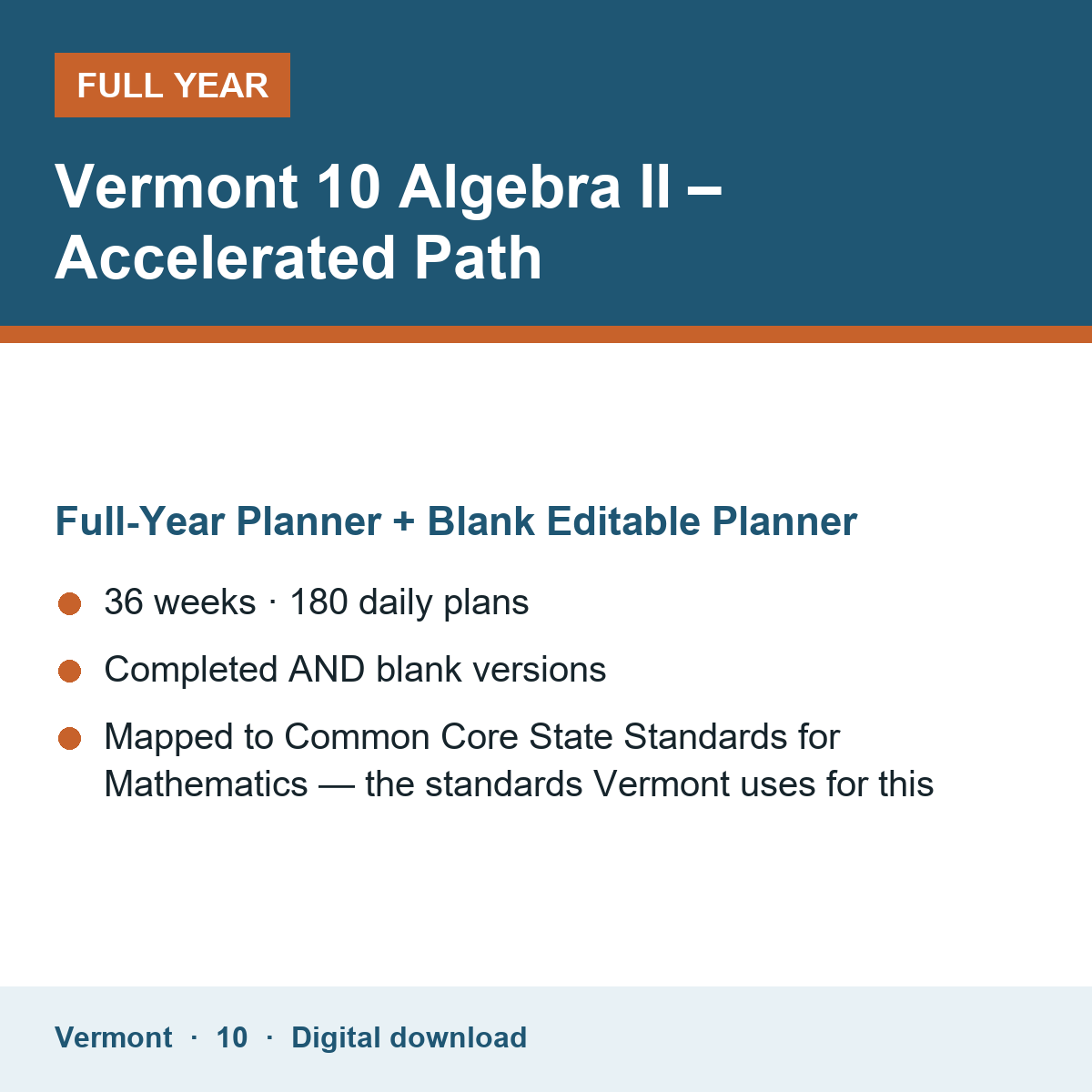 Cover of the Vermont Grade 10 Algebra II – Accelerated Path full-year teacher planner