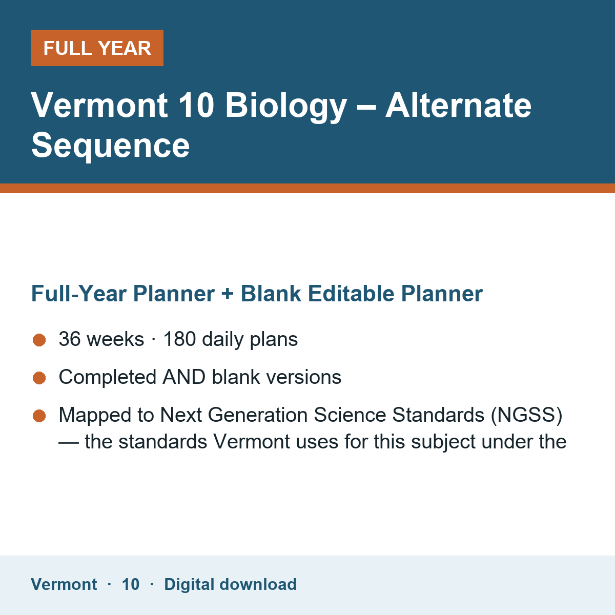 Cover of the Vermont Grade 10 Biology – Alternate Sequence full-year teacher planner
