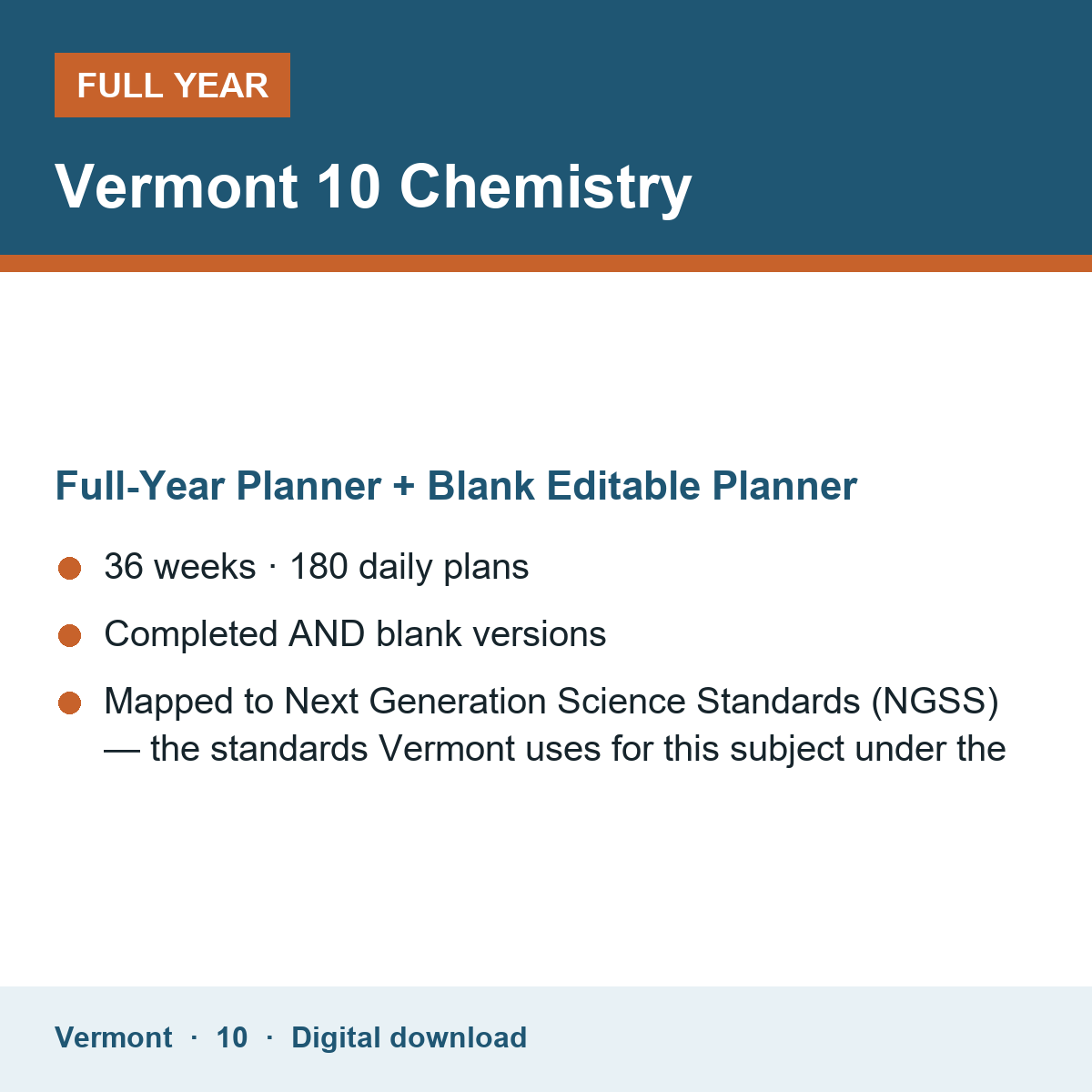 Cover of the Vermont Grade 10 Chemistry full-year teacher planner