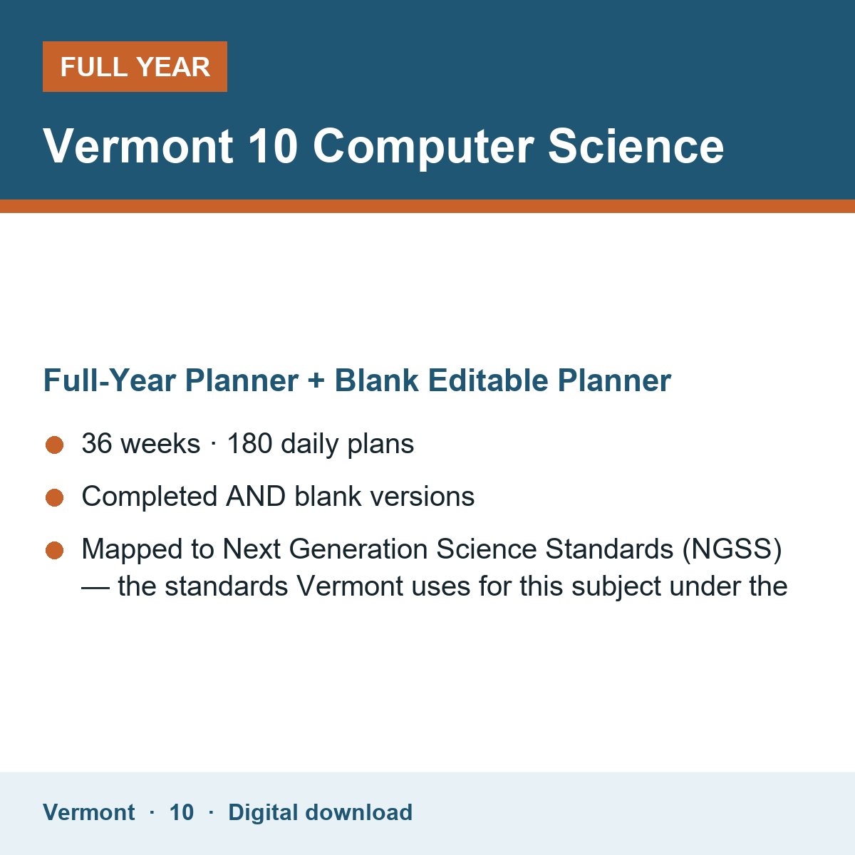 Cover of the Vermont Grade 10 Computer Science full-year teacher planner