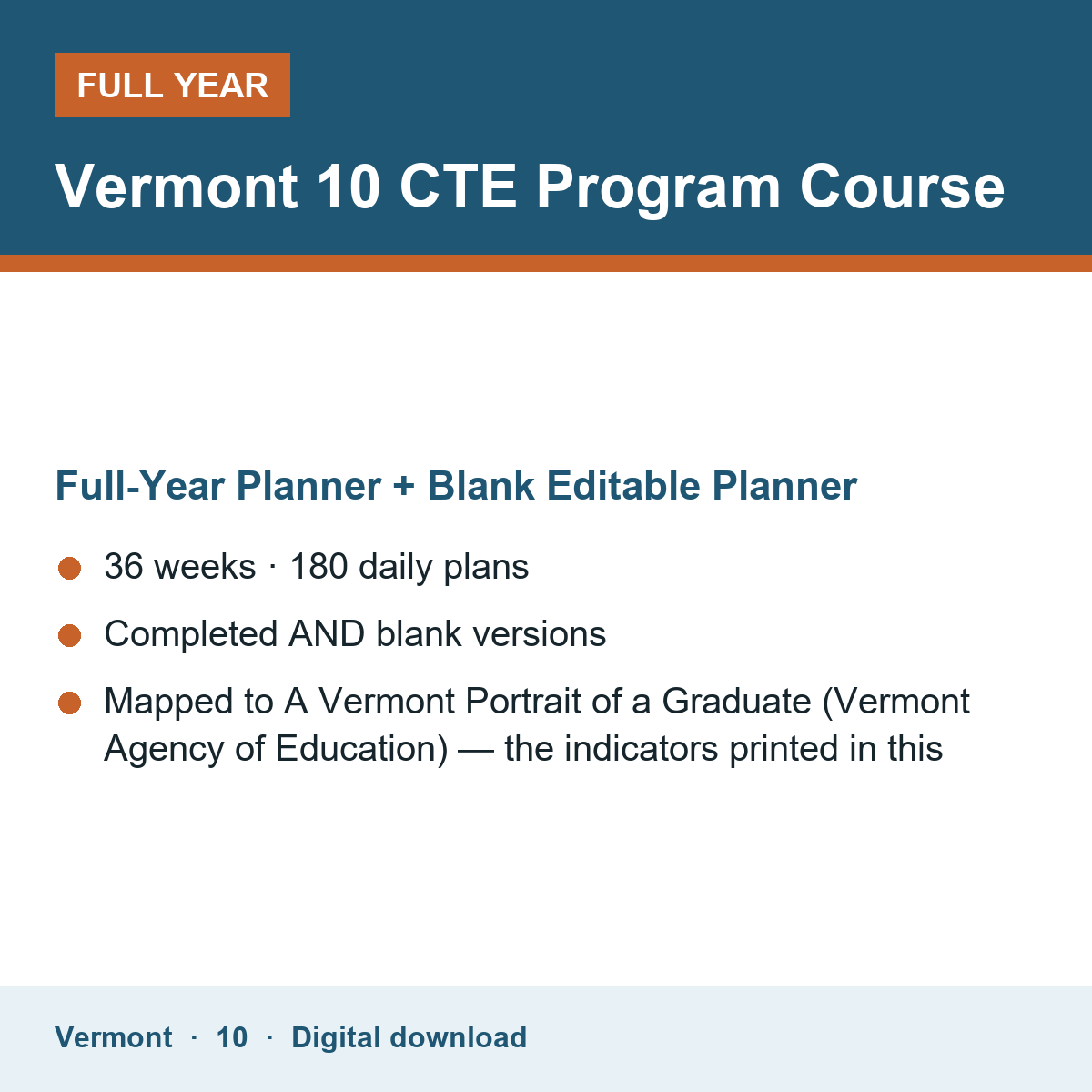 Cover of the Vermont Grade 10 CTE Program Course full-year teacher planner