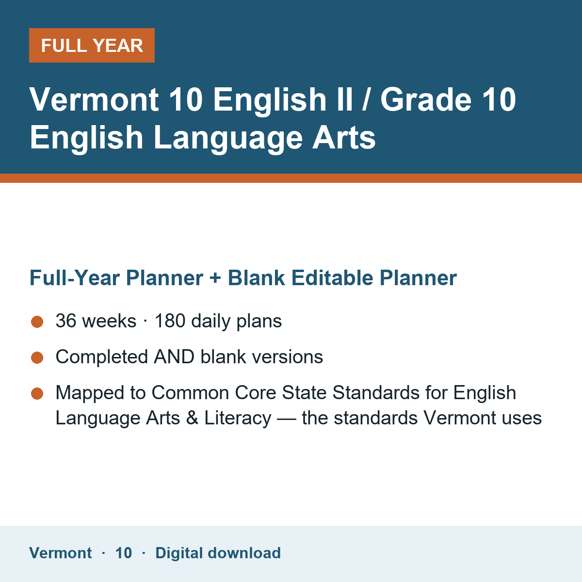 Cover of the Vermont Grade 10 English II / Grade 10 English Language Arts full-year teacher planner