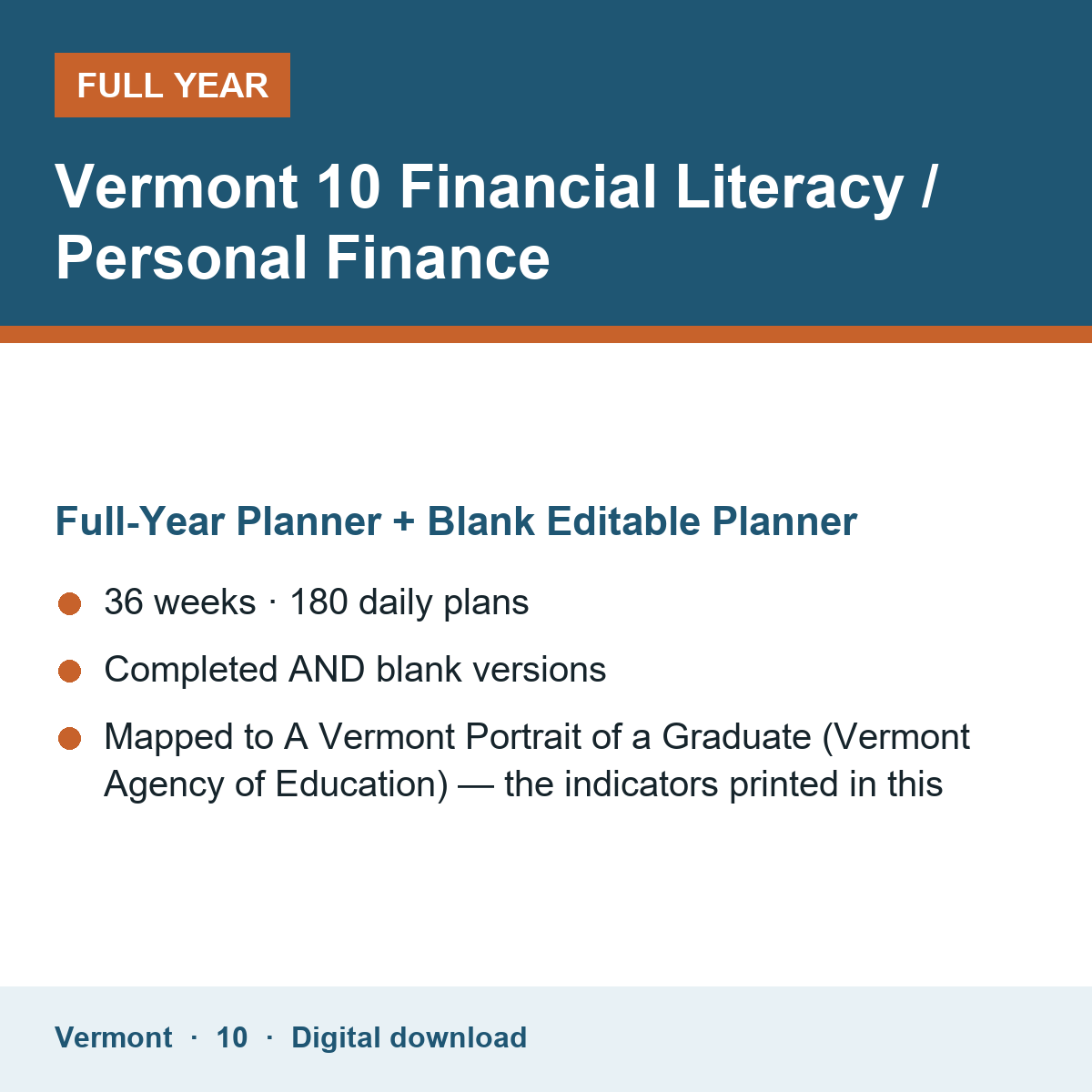 Cover of the Vermont Grade 10 Financial Literacy / Personal Finance full-year teacher planner