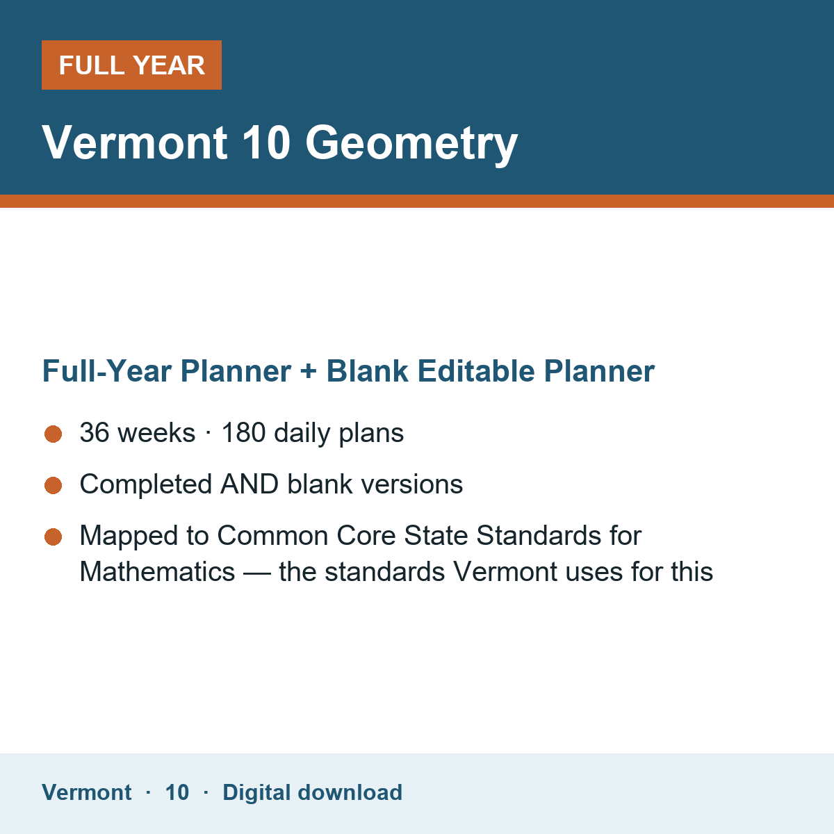 Cover of the Vermont Grade 10 Geometry full-year teacher planner