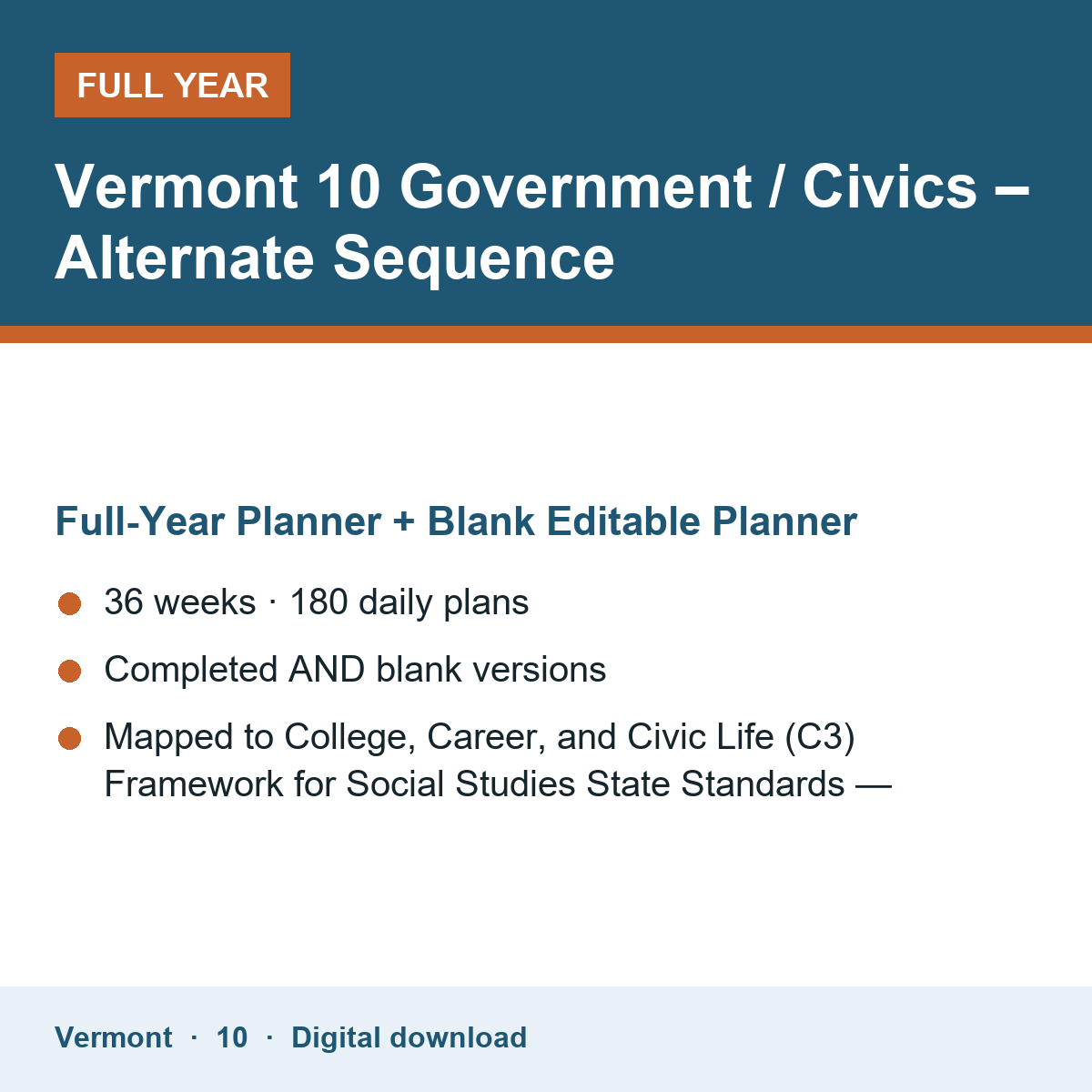 Cover of the Vermont Grade 10 Government / Civics – Alternate Sequence full-year teacher planner