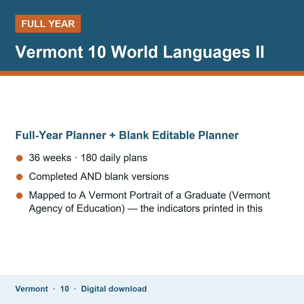 Cover of the Vermont Grade 10 World Languages II full-year teacher planner