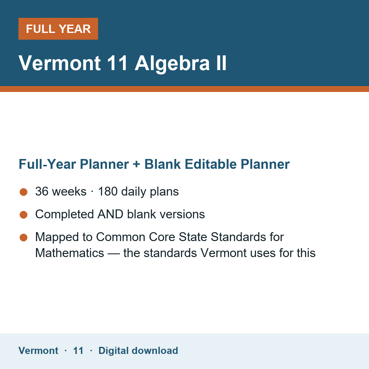 Cover of the Vermont Grade 11 Algebra II full-year teacher planner