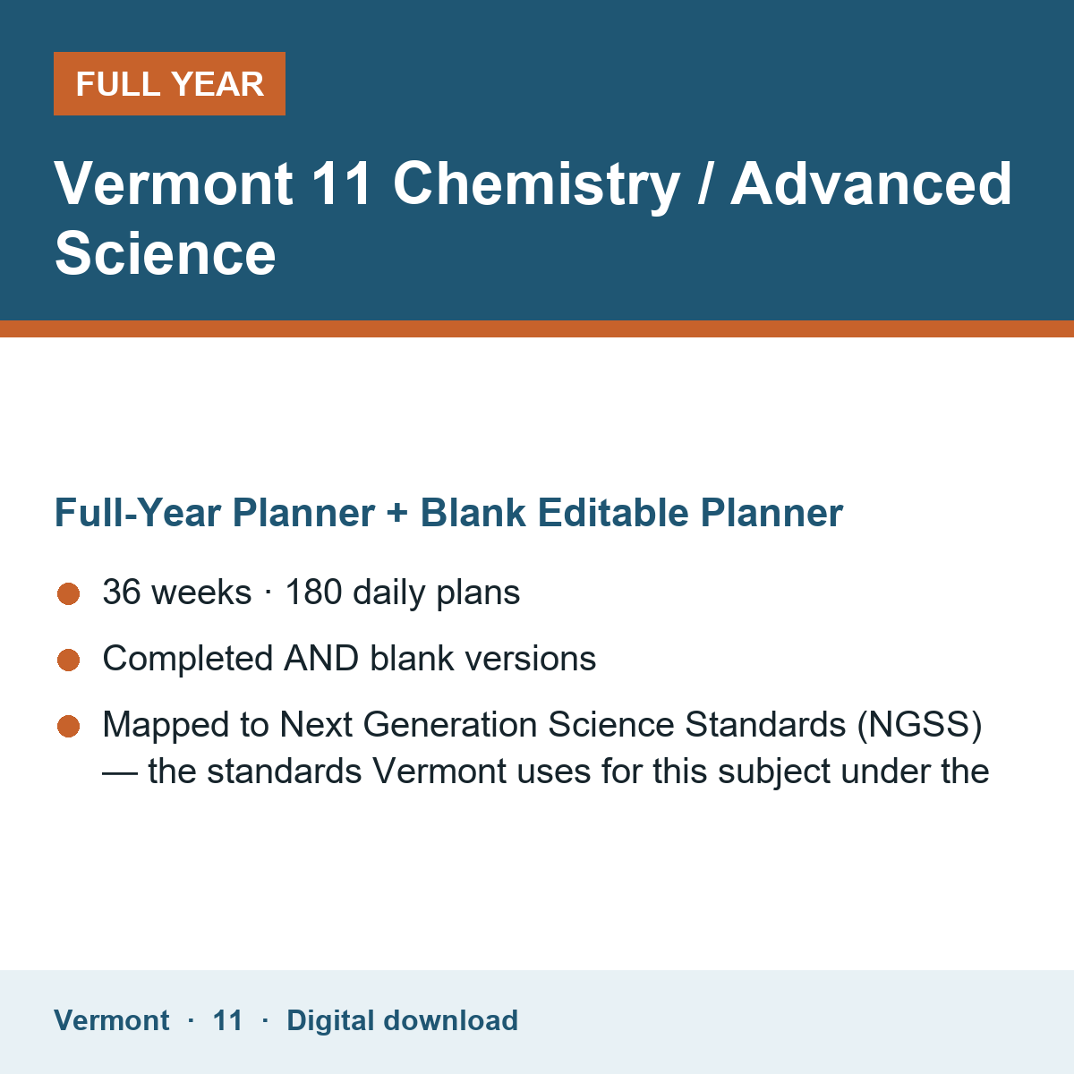 Cover of the Vermont Grade 11 Chemistry / Advanced Science full-year teacher planner