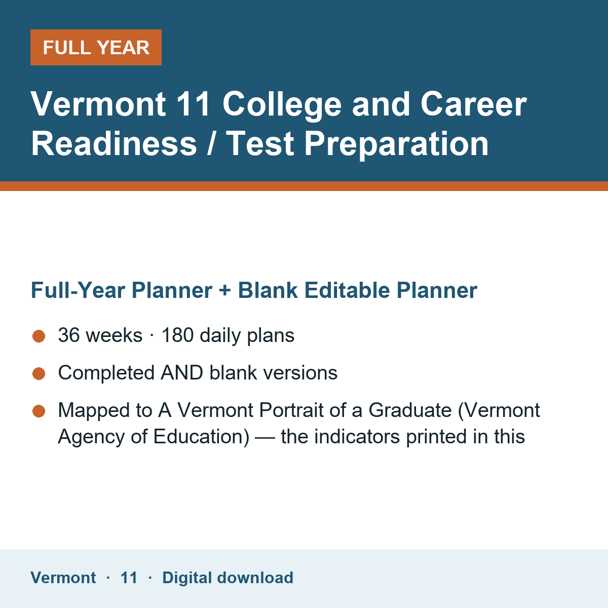 Cover of the Vermont Grade 11 College and Career Readiness / Test Preparation full-year teacher planner