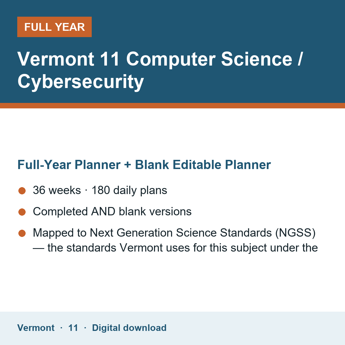 Cover of the Vermont Grade 11 Computer Science / Cybersecurity full-year teacher planner