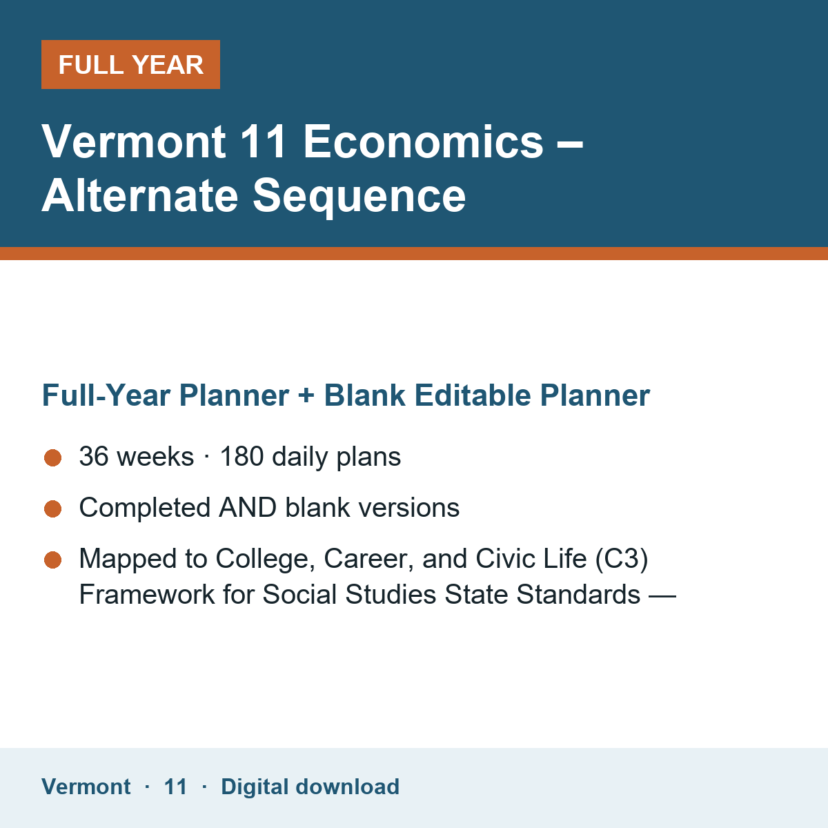 Cover of the Vermont Grade 11 Economics – Alternate Sequence full-year teacher planner