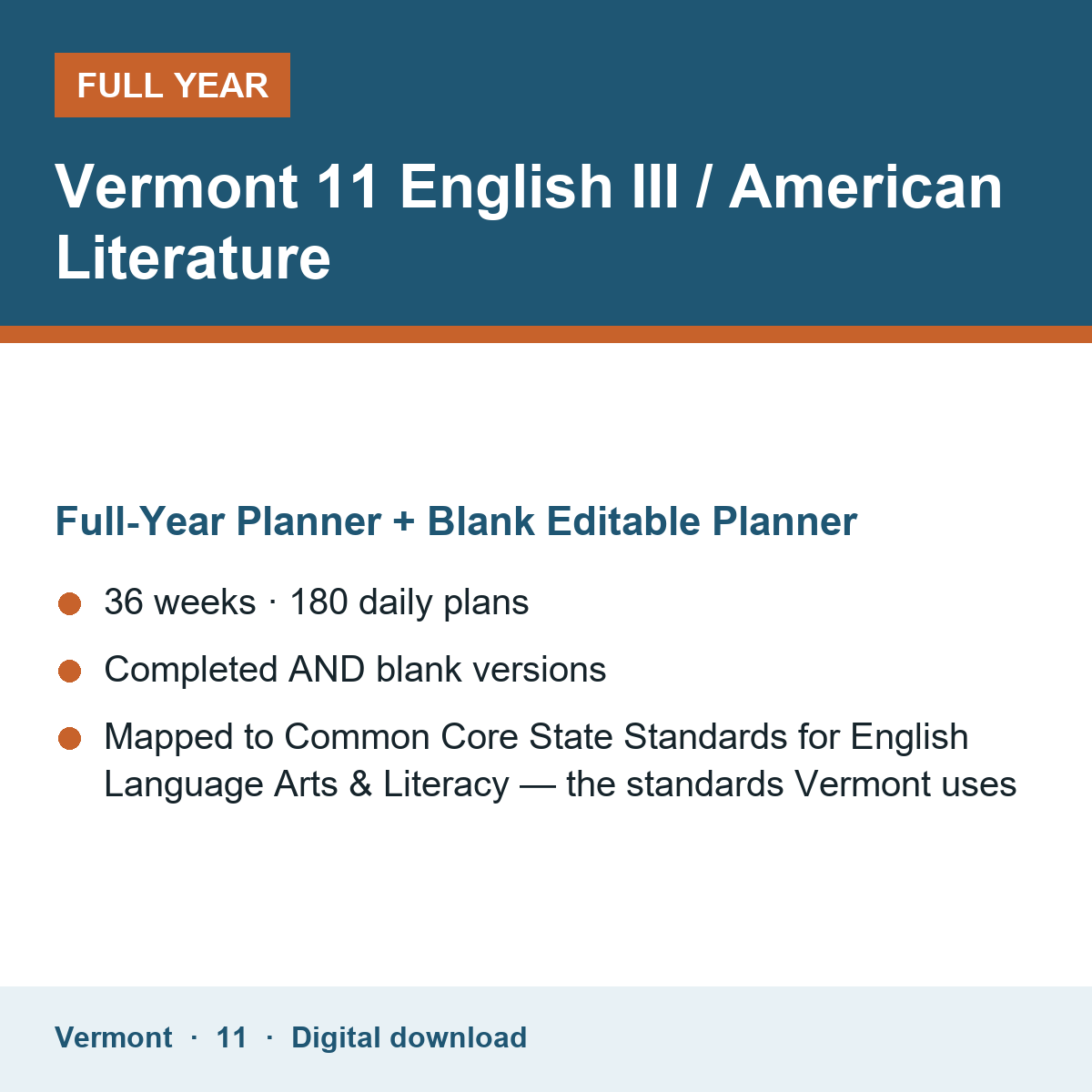 Cover of the Vermont Grade 11 English III / American Literature full-year teacher planner